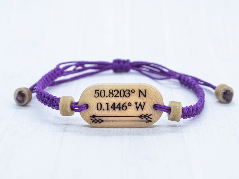 Coordinate Bracelet, Personalized Cotton Anniversary Gift, Couples Travel Bracelet Purple