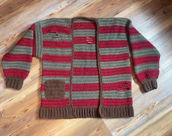 Cárdigan de crochet Freddy Krueger: hecho a mano, talla mediana para adultos