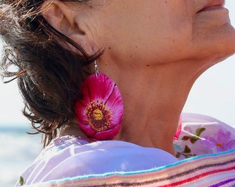 Handcrafted shell statement earrings Pink amapola poppy flower print one of a kind,