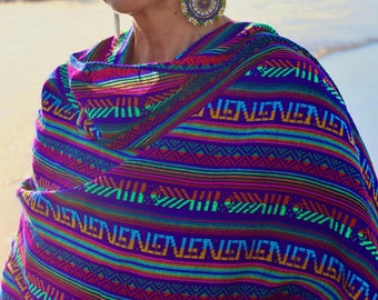 Fancy Rebozo labrado, traditional brocaded shawl, wrap in genuine mexican woven textile cambaya purple base multicolor brocade
