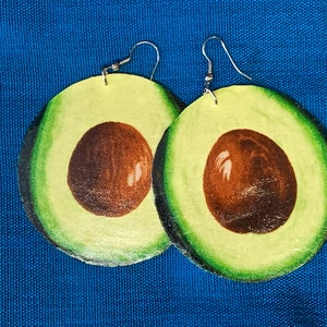 Large handcrafted shell dangle earrings avocado print.