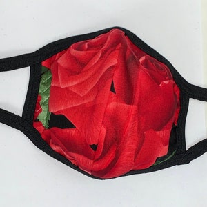 Large red roses floral print Handmade two-panel three-layer face mask XL maximum coverage featuring filter pocket image 2