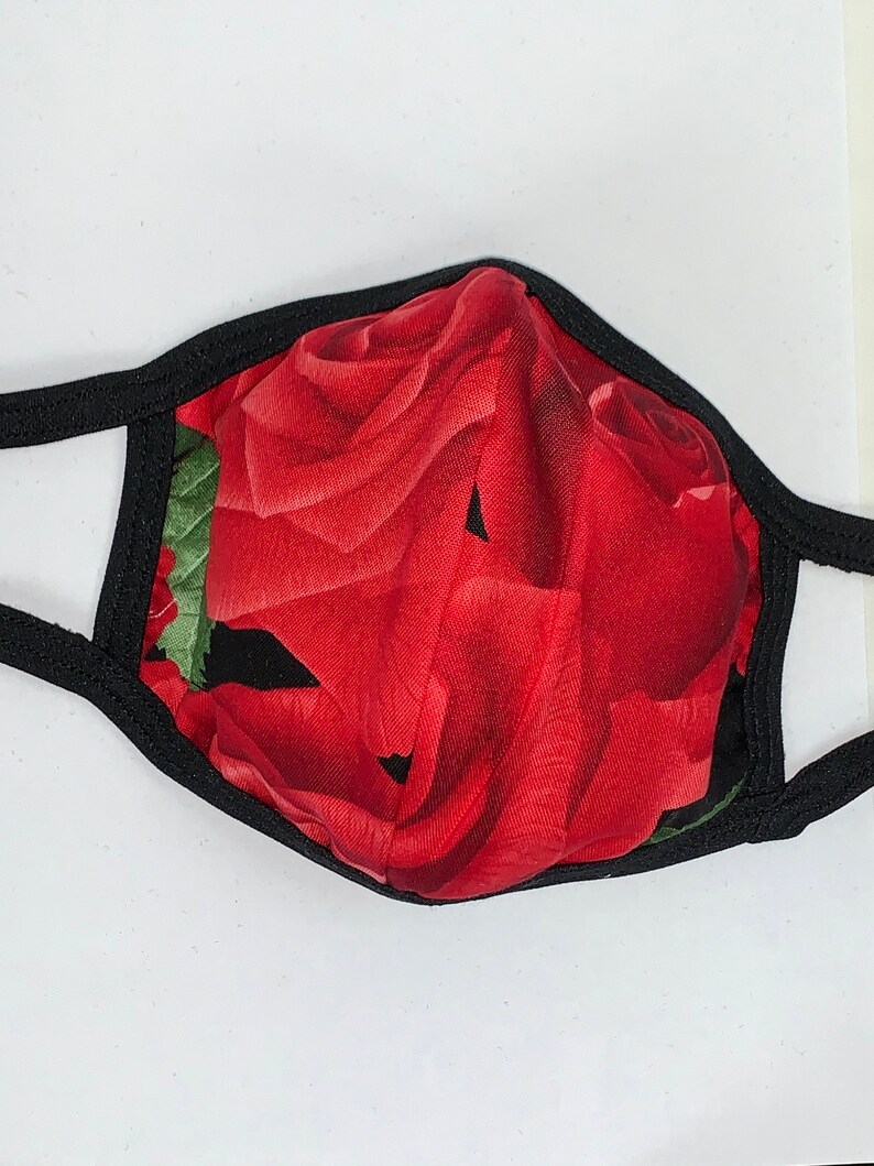 Large red roses floral print Handmade two-panel three-layer face mask XL maximum coverage featuring filter pocket image 2