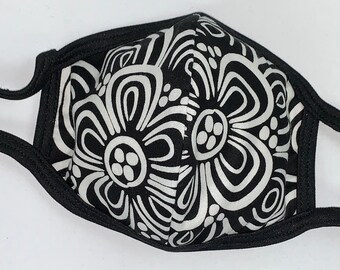 Black and white large floral print Handmade two-panel three-layer face mask XL maximum coverage featuring filter pocket