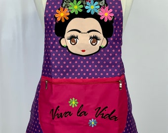 Viva la vida halter style zippered apron embroidered design Frida inspired