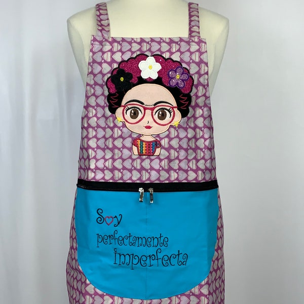 Perfectamente Imperfecta / Perfectly Imperfect halter style zippered apron embroidered design Frida inspired