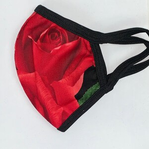 Large red roses floral print Handmade two-panel three-layer face mask XL maximum coverage featuring filter pocket image 3