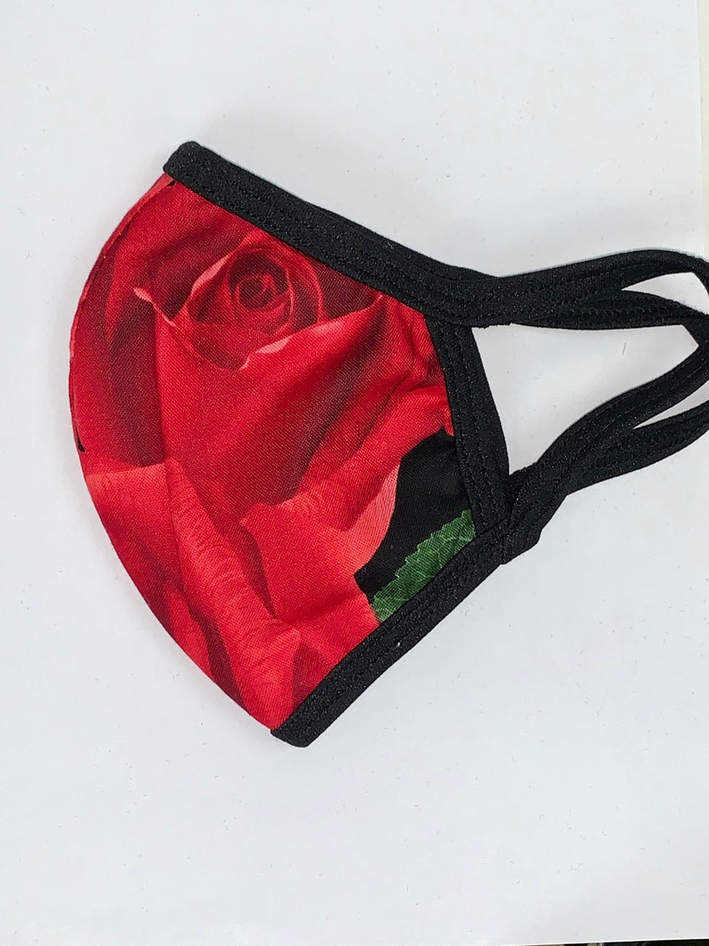 Large red roses floral print Handmade two-panel three-layer face mask XL maximum coverage featuring filter pocket image 3