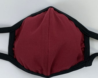 Solid color BURGUNDY handmade two-panel three-layer face mask XL maximum coverage featuring filter pocket