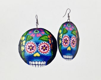 Handcrafted large round shell dangle statement earrings - Sugar skull Dia de los MuertoS print