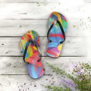 Colourful unisex Flip Flops; Abstract painting; Tongs; Chic Slippers; Beach wear; Summer Must-Have
