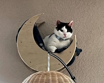 Cama para gatos con forma de media luna y escalones de nube.