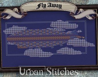 Fly Away Victorian Zeppelin Blackwork, Blimp, Air Ship, Hot Air Balloon, Air Travel, Cross Stitch, Blackwork Pattern, Gothic, Urban Stitches