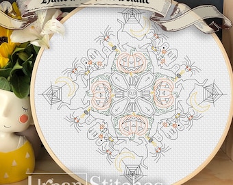 Halloween blackwork - pumpa katt fladdermus läskigt spöke spindelnät bus eller godis - Blackwork-mönster - Digital PDF-nedladdning - Urban Stitches