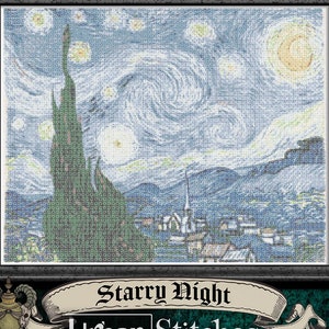 May include: A cross-stitch pattern of Vincent van Gogh's Starry Night. The pattern is made up of small squares of different colours, creating a pixelated effect. The image shows a night sky with a bright yellow moon and stars, a swirling sky, a dark green cypress tree, and a small town in the distance.