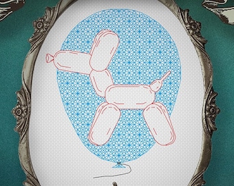 Ballonhond zwartwerk, worsthond, ballondier, opblaasbare borduurkruissteek, zwart werkpatroon, digitale PDF-download