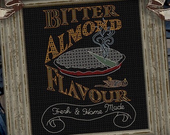 Victorian Pie advert blackwork, bitter almond, poison toxic, arsenic embroidery cross stitch, Black work Pattern, Digital PDF Download