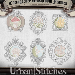 Puede incluir: Seis patrones de bordado con marcos de setas de estilo cottagecore. Los marcos son de varios estilos y presentan diferentes tipos de setas. Los patrones se titulan "Cottagecore Mushroom Frames" y son de "Urban Stitches".