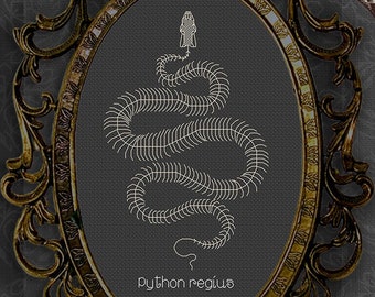 Royal Ball Python Skeleton faux taxidermy - vulture culture, Victorian gothic dark art cottagecore - Blackwork Pattern PDF Download