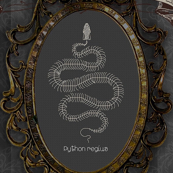 Royal Ball Python Skeleton faux taxidermy - vulture culture, Victorian gothic dark art cottagecore - Blackwork Pattern PDF Download