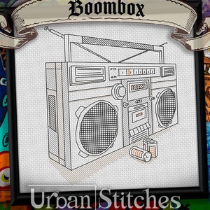 Retro 1980er Vintage Ghettoblaster Schwarzarbeit - Musik Ghettoblaster Kassettenband Stickerei Kreuzstich - Blackwork Muster - Digital PDF Download