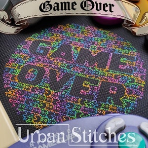 Game Over blackwork - vintage retro arcade game video game nerdy geeky ghost - Black work Pattern - Digital PDF Download - Urban Stitches