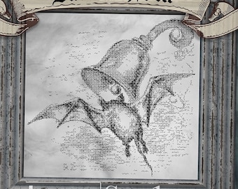 Flying Bat Woodcut, Gothic Blackwork Pattern, Photorealistic Modern Embroidery Cross Stitch, Goth Horror, Digital PDF Download