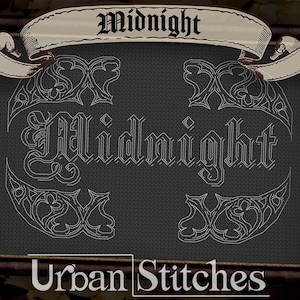 May include: A black and white cross-stitch pattern featuring the word "Midnight" in a decorative font. The pattern is framed in a brown wooden frame with a white ribbon at the top. The text "Urban Stitches" is at the bottom of the frame.