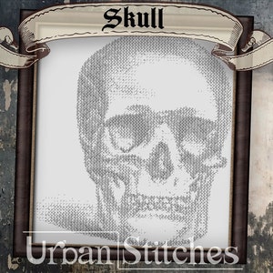 May include: A black and white image of a skull made of tiny letters, framed in a brown frame with a banner that reads "Skull" and the text "Urban Stitches" at the bottom.