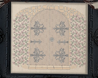 Church door with roses blackwork - embroidery cross stitch, Victorian gothic dark art cottagecore - Blackwork Pattern - Digital PDF Download