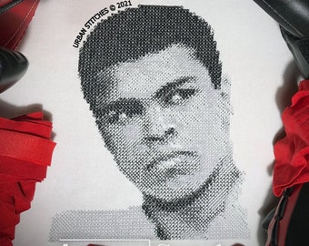 Muhammad Ali Blackwork photo conversion black work, photorealistic modern embroidery cross stitch, Blackwork Pattern, digital PDF download