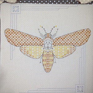 Deaths Head Moth blackwork sampler, Victorian style insect specimen embroidery cross stitch, Blackwork Pattern, Digital PDF Download