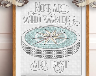 Not all who wander blackwork sampler - compass embroidery cross stitch - Blackwork Pattern - Digital PDF Download