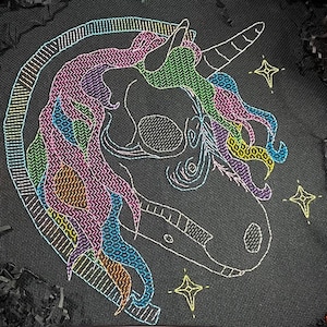 Pode incluir: Um desenho de bordado preto e branco de um crânio de unicórnio com uma juba e um chifre arco-íris. O desenho é rodeado por estrelas e o texto "Dead Unicorn Society" e "Urban Stitches".