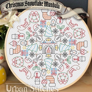 Christmas Mandala black work snowflake - tree gift star embroidery cross stitch - Blackwork Pattern - Digital PDF Download - Urban Stitches