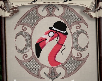 Flamingo bowler hat monocle blackwork cross stitch, gothic, Victorian embroidery cross stitch, Blackwork Pattern, Digital PDF Download