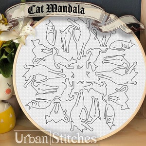 Cat Mandala black work - funny cats poses outline embroidery cross stitch gift - Blackwork Pattern - Digital PDF Download - Urban Stitches