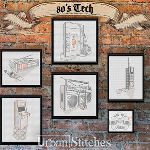 Retro 1980's Wintage Tech Kollektion Schwarzarbeit, Boom Box Kassettenband Stickerei Kreuzstich - Blackwork Muster - Digital PDF Download
