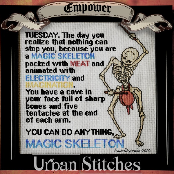 Magic skeleton quote  - Medieval Gothic Cross Stitch Chart - dancing skeleton cross stitch pattern - Digital PDF Download - Urban Stitches