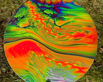 Lucy’s Ocean View- Original UV Reactive Neon Acrylic Pour 12" Round Streched Canvas