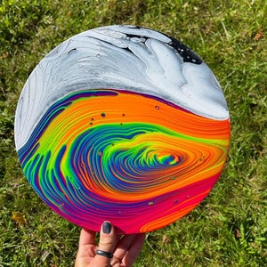 May include: A circular abstract painting with a swirling rainbow pattern in the center. The outer edge of the painting is white with black accents.