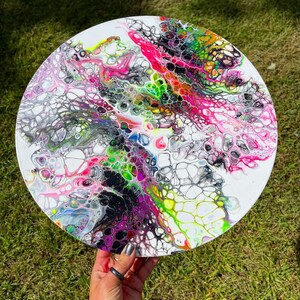 Energetic Embrace- Original UV Reactive Neon Acrylic Pour 16” Circle Streched Canvas
