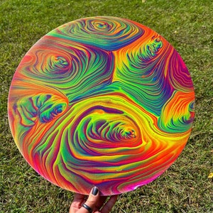 Delirium- Original UV Reactive Neon Acrylic Pour 16” Circle Streched Canvas