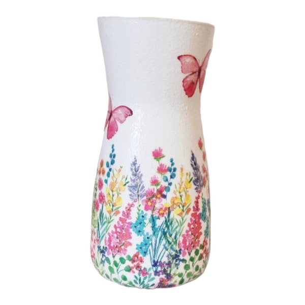 Butterflies and flowers glass vase,white carafe vase,decoupage butterflies ,flower vase,centre pieces,
