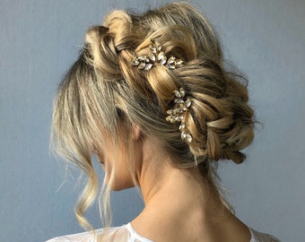 Subtiele gouden haaraccessoires (set van 2) bruid met bergkristal, ESTHER Hairpins, subtiele haaraccessoires voor de boho bruid