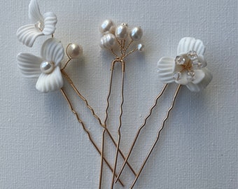 Elegante bohemian haaraccessoires  bruid met bloemen en bergkristal, SENNA Hairpins, haaraccessoires voor de boho bruid, set van 3