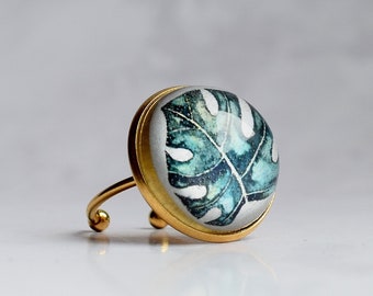 Monstera Ring Gold, Tropical Ring Handmade, Palm Leaf Jewelry Resin, Gift for Women, Nature Lover Gift