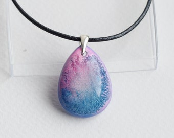 Small Blue-Magenta Pendant with Leather Necklace, Resin & Alcohol Ink Pendant, Art Jewelry for Her