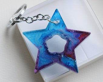 Abstract Large Keychain Star Shaped Made of Resin & Stainless Steel, Blue Keychain for Him