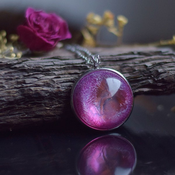 Purple Pendant Necklace, Resin Jewelry, Round Pendant for Her, Unique Necklace for Gift